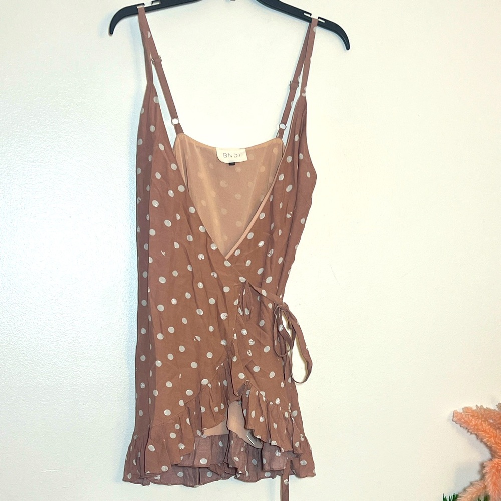 BNDI Mauve Pink White Polka Dot Wrap Sleeveless Cami Mini Dress Small